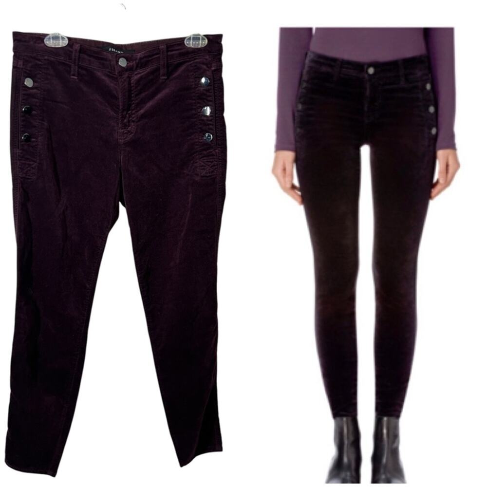 J Brand Zion Velvet Skinny Pants 30 Blackberry Burgundy • Quiet Luxury Fall Chic